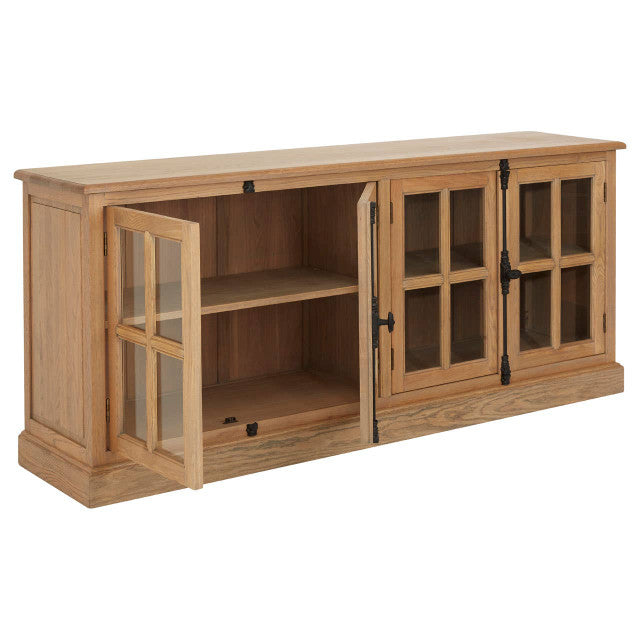 Alaric Four Door Display Sideboard in washed oak wood with cupboard doors open, revealing spacious shelving behind glazed display doors for storing dinnerware, glassware, books and decorative accessories.