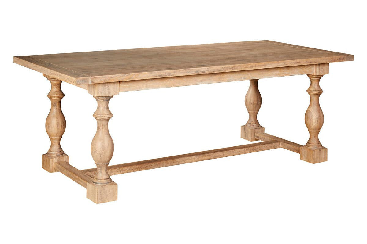 Alaric Large Rectangular Dining Table 220cm for 8–10 in Washed Oak Wood featuring a spacious solid oak tabletop, handcrafted turned baluster legs, sturdy trestle stretcher base and timeless farmhouse-inspired design for luxury family dining rooms and entertaining.