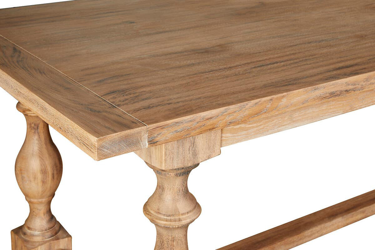Close-up of the Alaric Large Rectangular Dining Table 220cm highlighting the thick Washed Oak Wood tabletop, natural oak grain, handcrafted edge profile and premium solid wood craftsmanship for long-lasting durability.