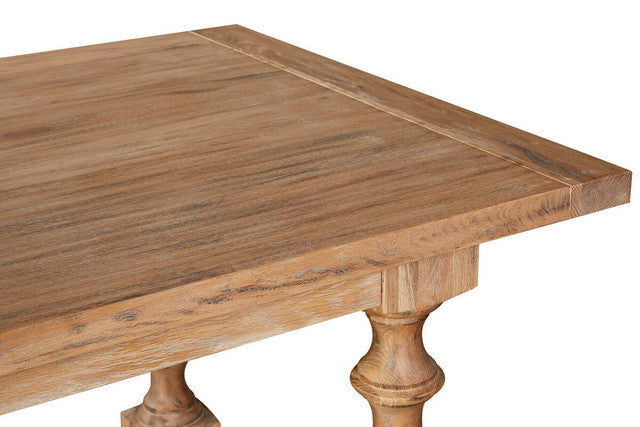 Detailed corner view of the Alaric Large Rectangular Dining Table 220cm displaying the solid Washed Oak Wood tabletop, beautifully textured natural grain, handcrafted joinery and substantial construction for elegant dining interiors.