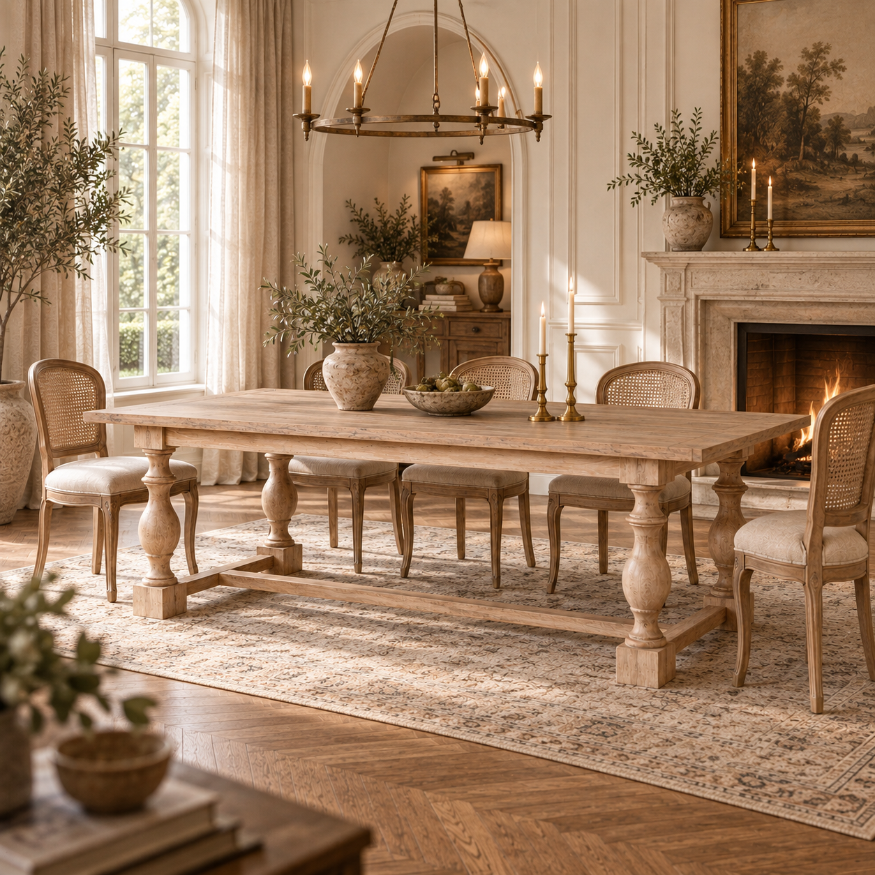 Alaric large rectangular washed oak dining table for 8–10 beside a stone fireplace in a warm French dining room.