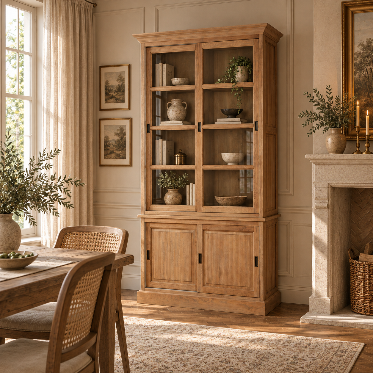 Tall oak display cabinet with glass doors and lower cupboards in a sunlit French dining room beside a stone fireplace.