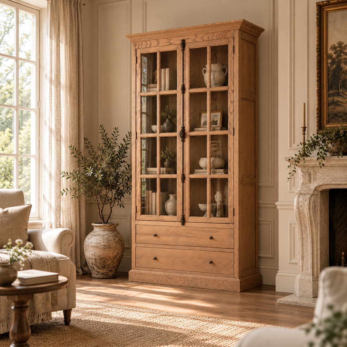 Alaric oak display cabinet with glass doors and storage drawers in a bright living room with rug, fireplace and curtains.