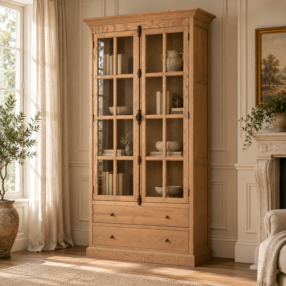 Alaric tall oak display cabinet with glass doors and storage drawers in a sunlit room with fireplace and tall window.