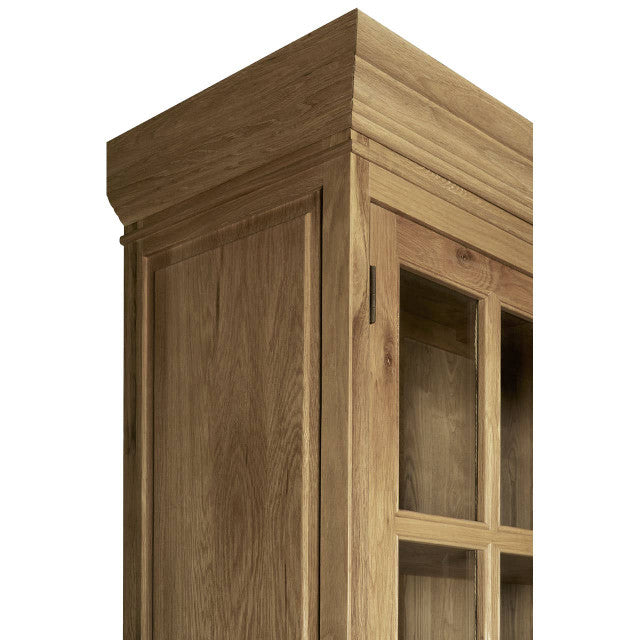 Close-up of the Alaric Tall Oak Wood Display Cabinet featuring the solid oak moulded cornice, glazed cabinet frame and beautifully grained natural oak finish.