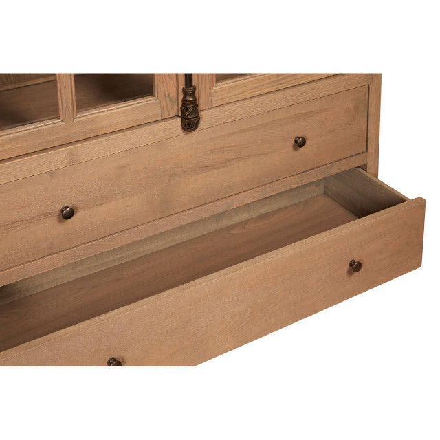 Detailed view of the Alaric Tall Oak Wood Display Cabinet with Glass Doors & Storage Drawers highlighting the spacious deep storage drawer, solid oak interior and practical concealed storage capacity.