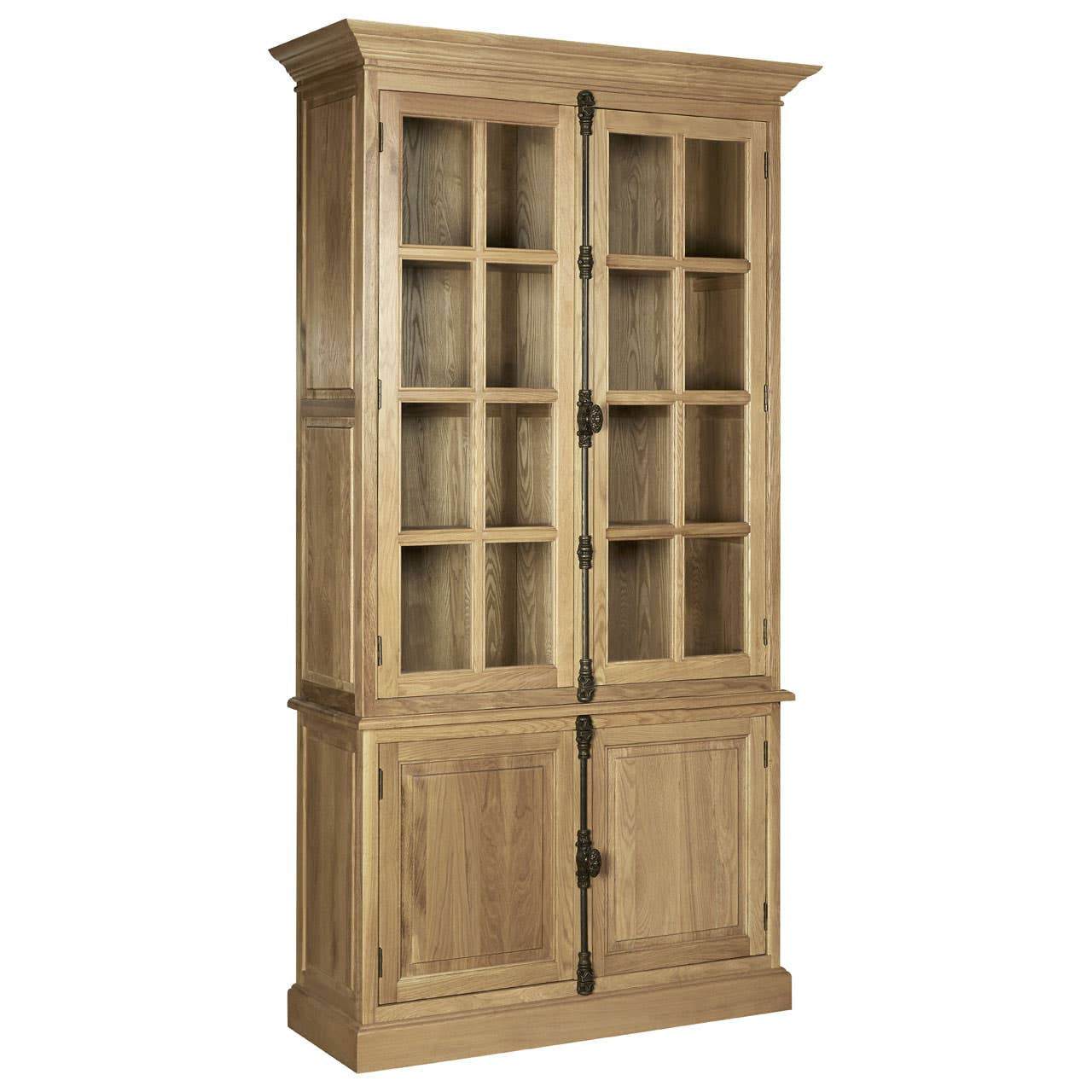 Angled view of the Alaric Tall Oak Wood Display Cabinet with Glass Doors & Lower Cupboards showcasing solid oak craftsmanship, glazed display cabinet doors, generous shelving and practical concealed lower storage.