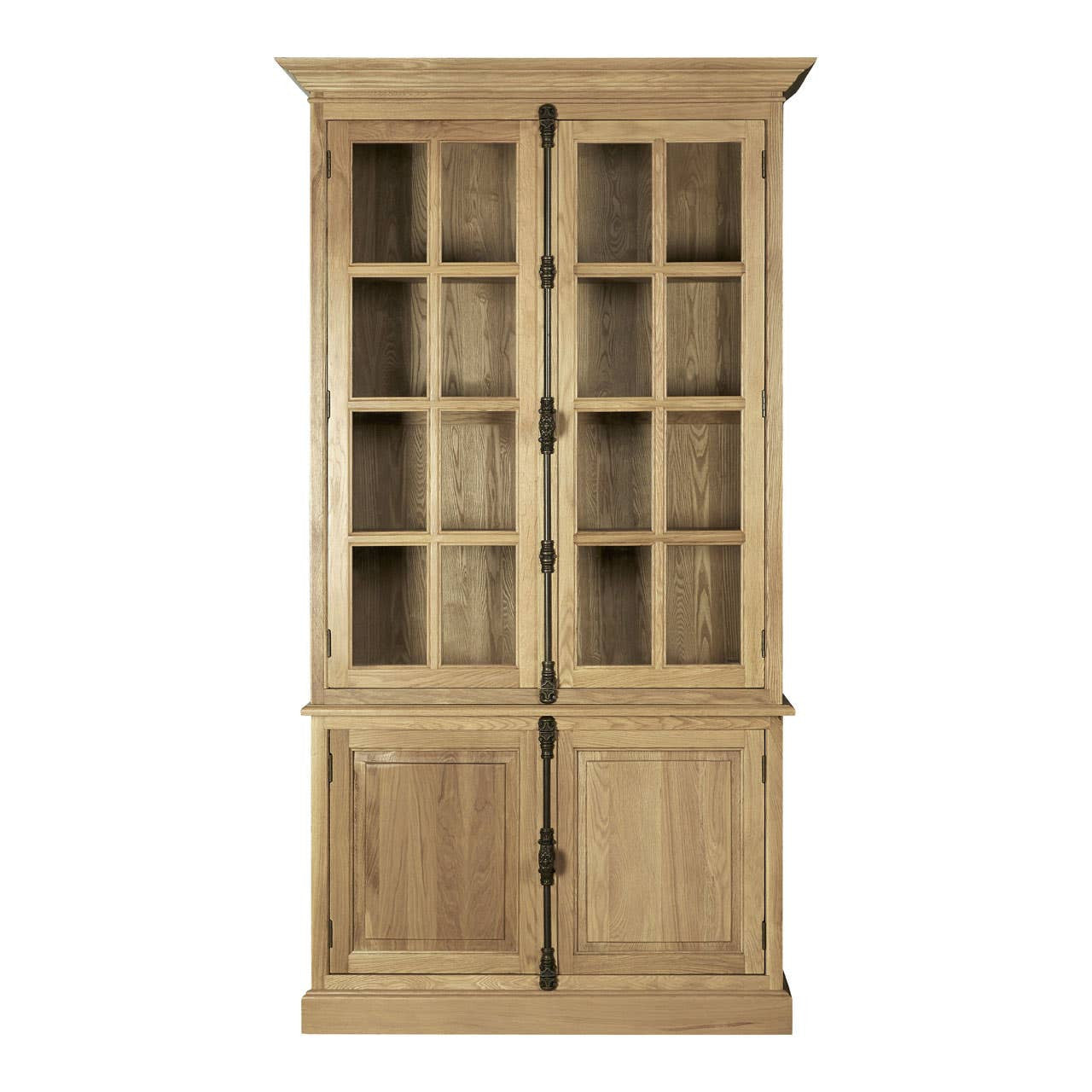 Front view of the Alaric Tall Oak Wood Display Cabinet with Glass Doors & Lower Cupboards, featuring solid oak construction, glazed display shelves, spacious lower cupboard storage and classic moulded cornice for timeless living room or dining room interiors.