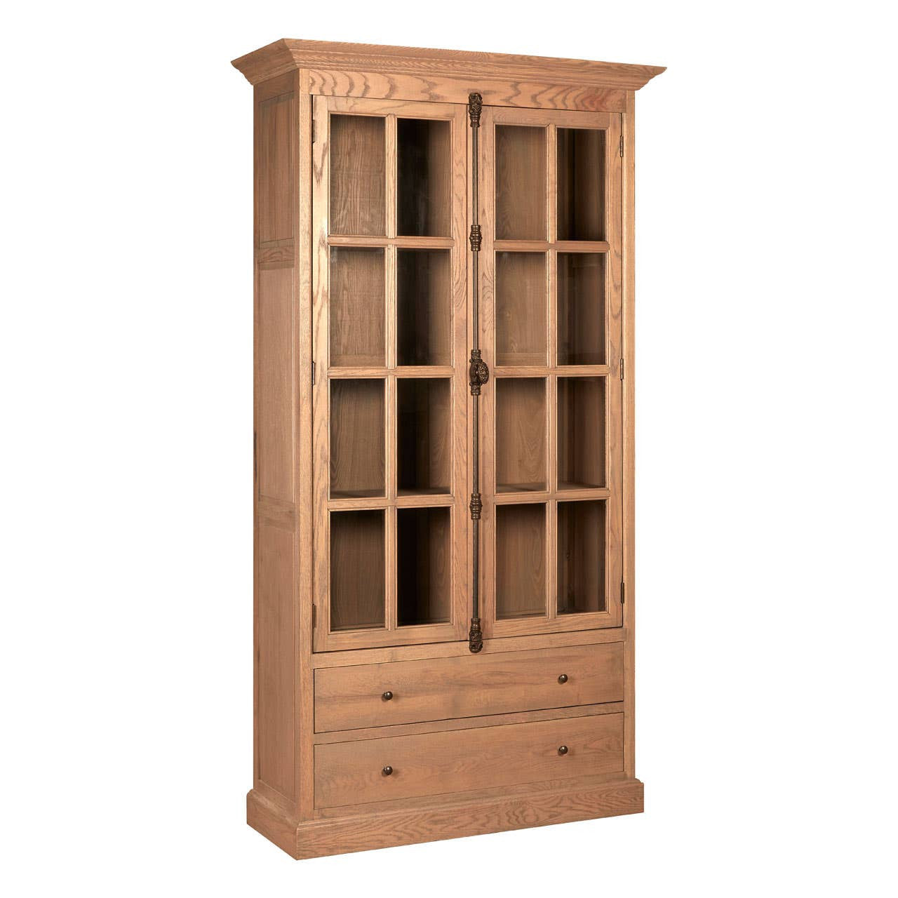 Angled view of the Alaric Tall Oak Wood Display Cabinet with Glass Doors & Storage Drawers showcasing solid oak construction, glazed display shelving, spacious storage drawers and classic moulded detailing.