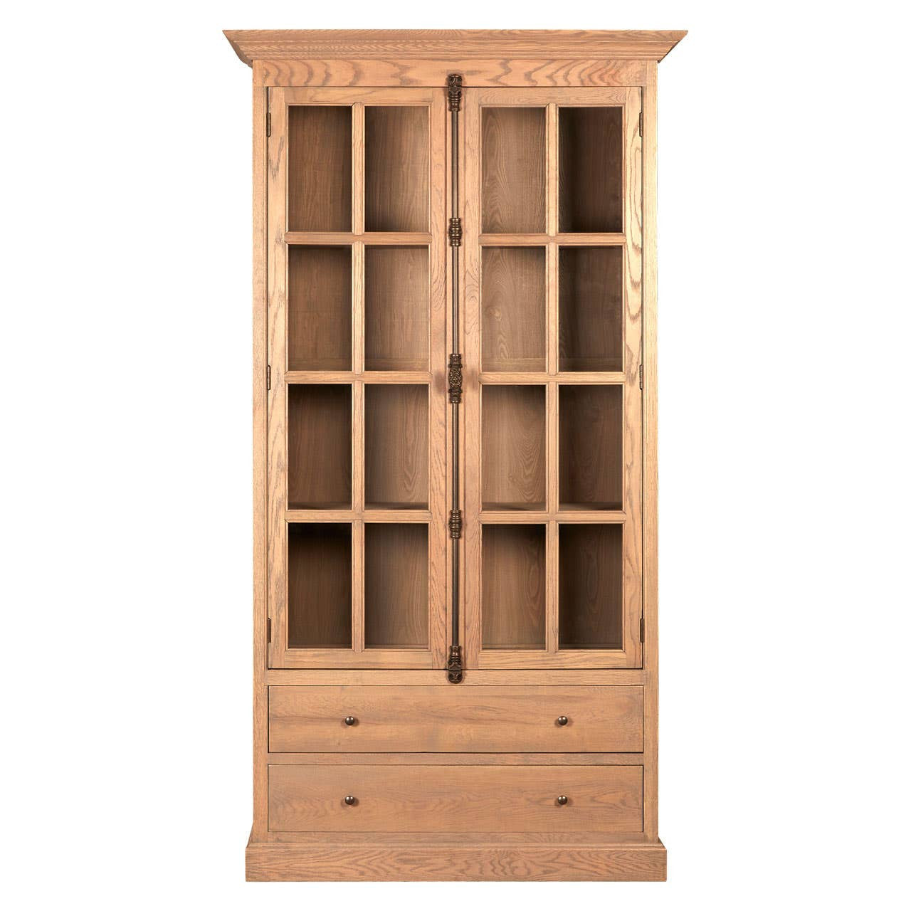 Front view of the Alaric Tall Oak Wood Display Cabinet with Glass Doors & Storage Drawers, featuring a solid oak frame, glazed display doors, two spacious storage drawers and timeless craftsmanship for elegant living and dining spaces.