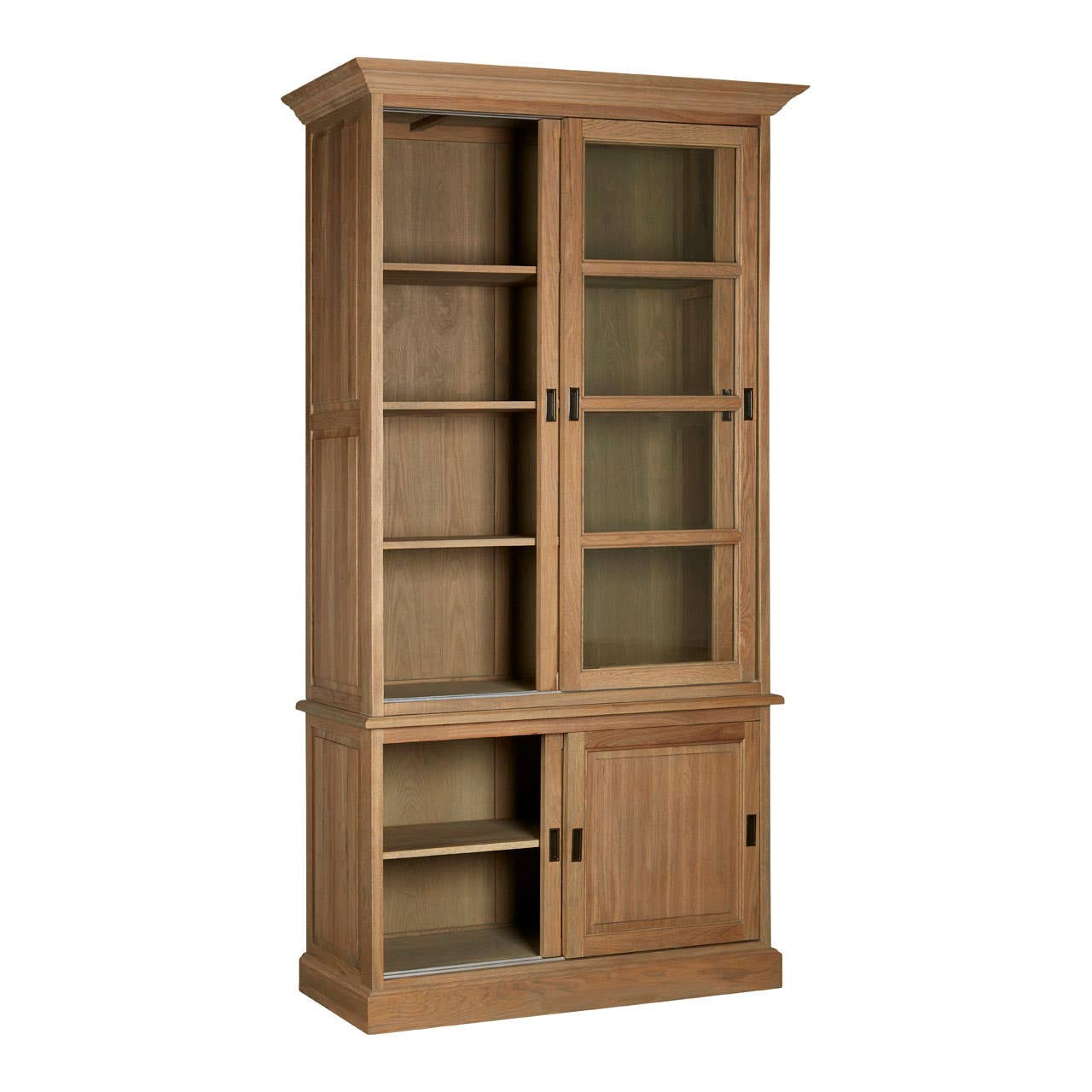 Alaric Tall Oak Wood Display Cabinet with Sliding Glass Doors & Lower Cupboards shown with the lower cupboards open, revealing practical concealed storage beneath spacious solid oak display shelving and glazed sliding doors.