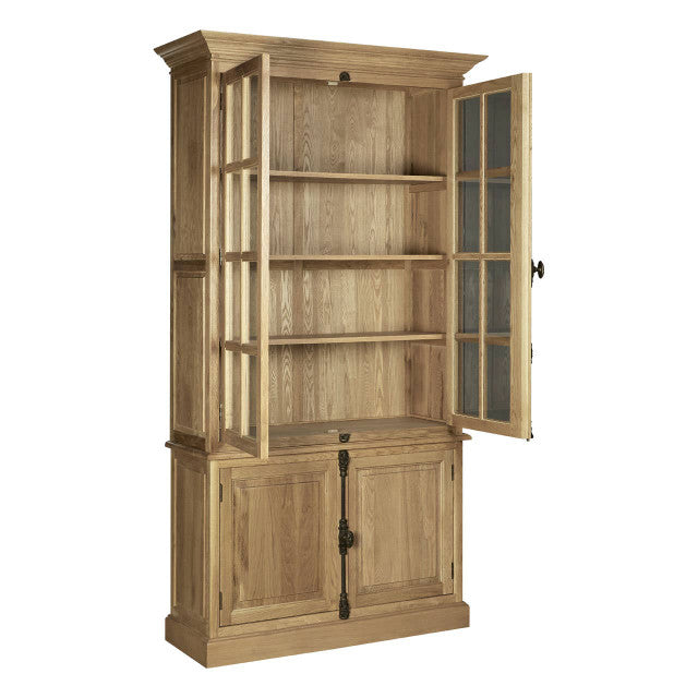 Alaric Tall Oak Wood Display Cabinet with Glass Doors & Lower Cupboards shown with the glazed display doors open, revealing spacious solid oak shelving for displaying books, glassware, ceramics and decorative accessories.