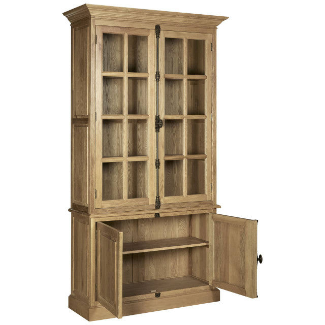 Alaric Tall Oak Wood Display Cabinet with Glass Doors & Lower Cupboards shown with the lower cupboard doors open, highlighting spacious concealed storage shelves beneath the glazed display cabinet.