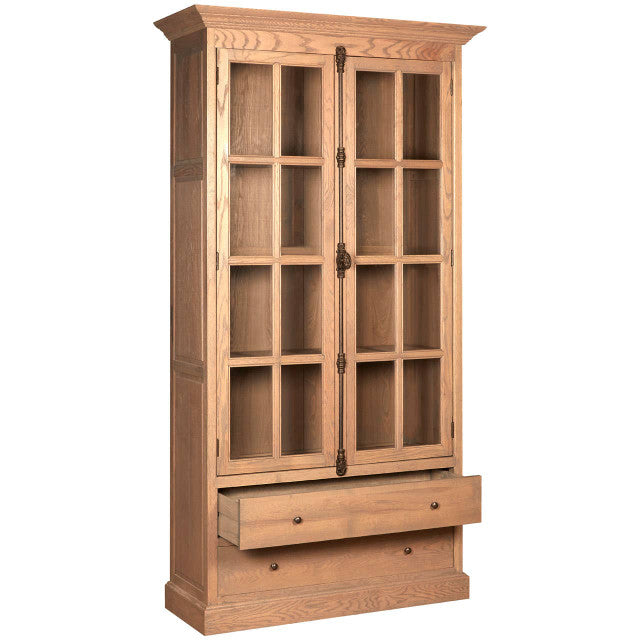 Alaric Tall Oak Wood Display Cabinet with Glass Doors & Storage Drawers featuring an open storage drawer, highlighting generous concealed storage beneath the glazed display cabinet.