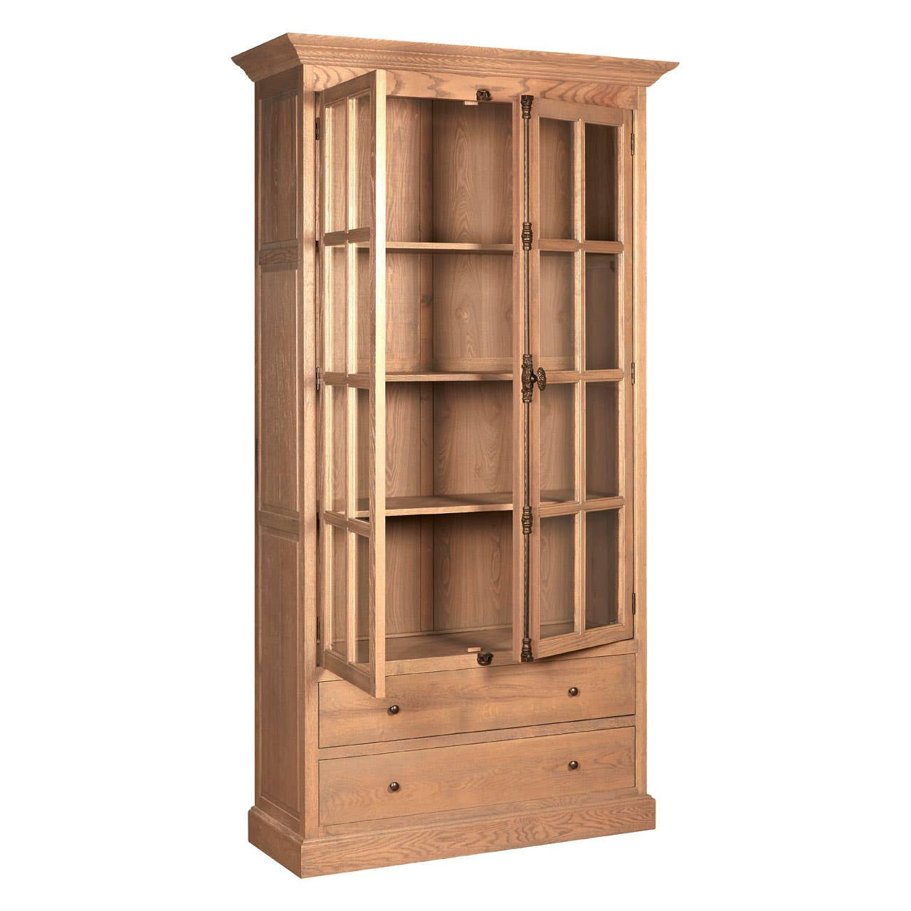 Alaric Tall Oak Wood Display Cabinet with Glass Doors & Storage Drawers shown with the glazed cabinet doors open, revealing spacious oak shelving for displaying books, glassware, ceramics and decorative accessories.