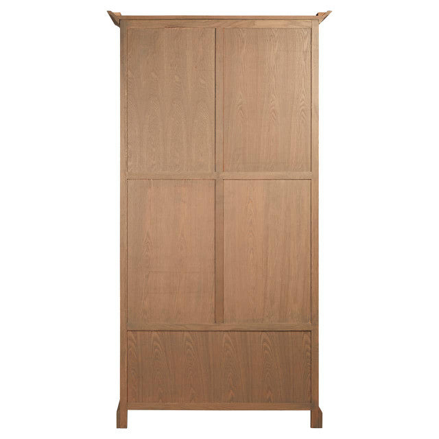 Rear view of the Alaric Tall Oak Wood Display Cabinet with Glass Doors & Storage Drawers showing the sturdy solid oak construction and fully enclosed cabinet back for lasting durability.
