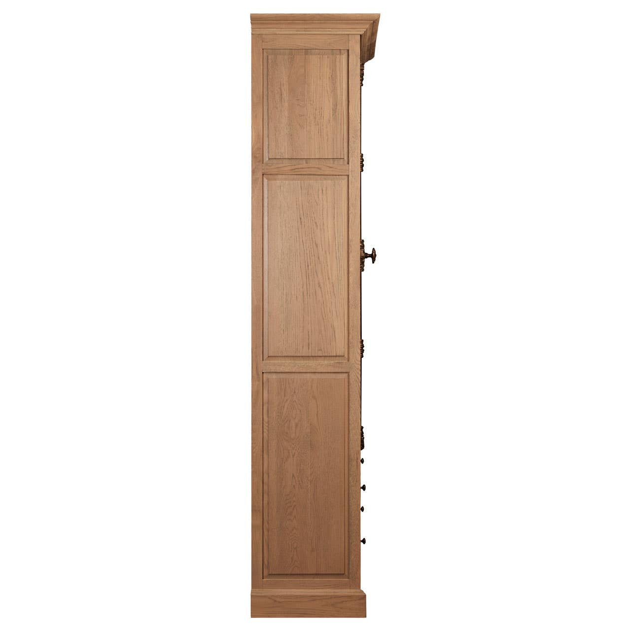 Side profile of the Alaric Tall Oak Wood Display Cabinet with Glass Doors & Storage Drawers highlighting the solid oak side panels, substantial cabinet depth and premium handcrafted construction.