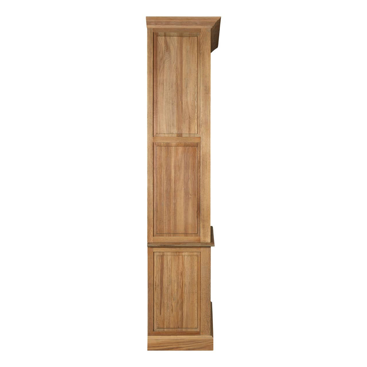 Side profile of the Alaric Tall Oak Wood Display Cabinet with Sliding Glass Doors & Lower Cupboards highlighting the solid oak side panels, substantial cabinet depth and premium handcrafted construction.