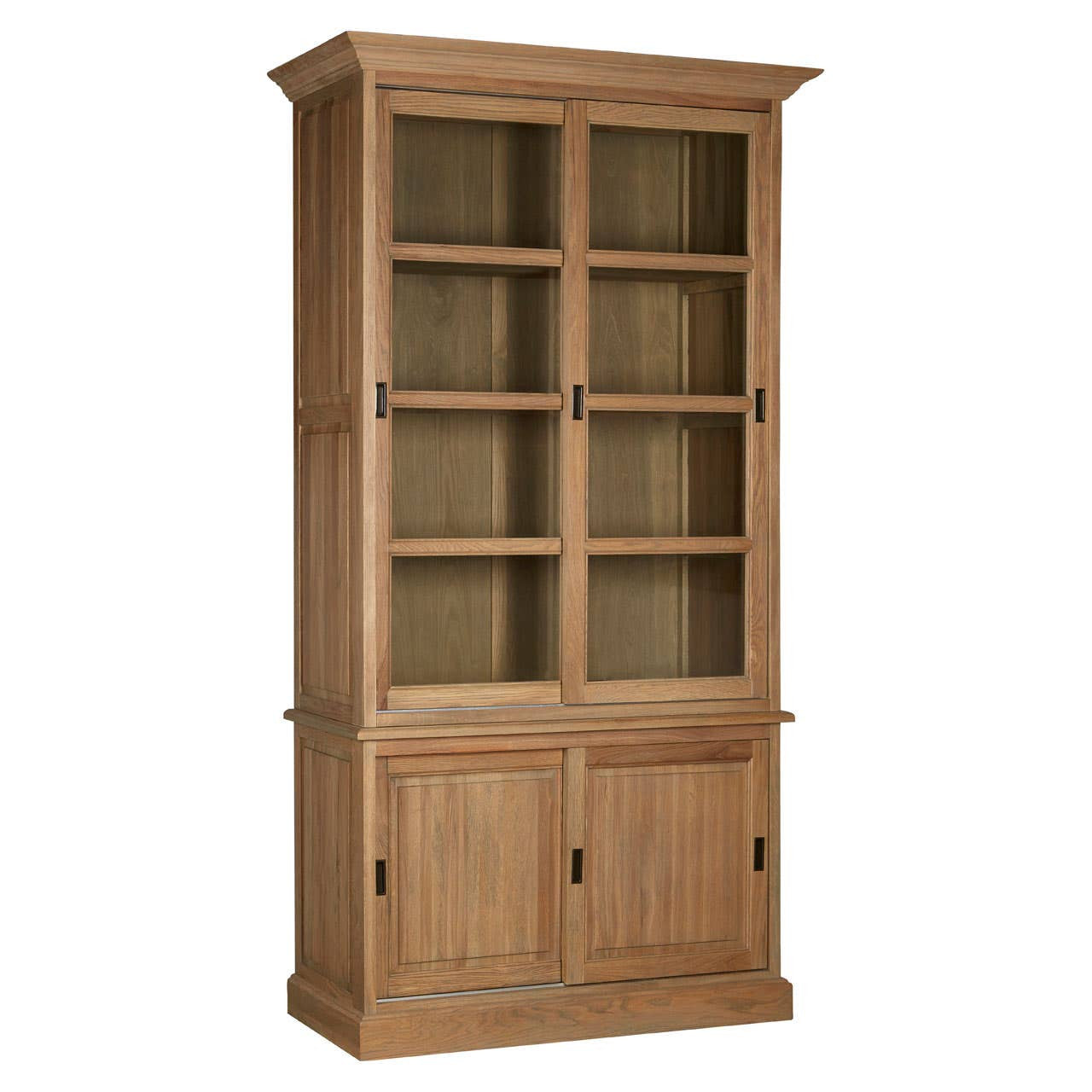 Angled view of the Alaric Tall Oak Wood Display Cabinet with Sliding Glass Doors & Lower Cupboards showcasing solid oak construction, large display shelves, sliding glass cabinet doors and generous concealed cupboard storage.