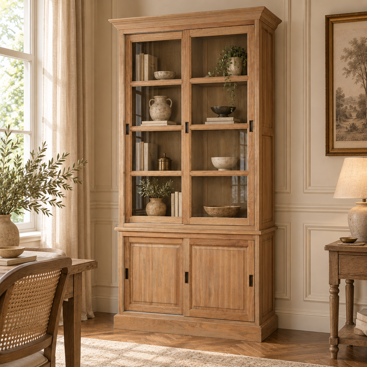 Alaric tall oak display cabinet with sliding glass doors and lower cupboards in a warm French-style dining room.