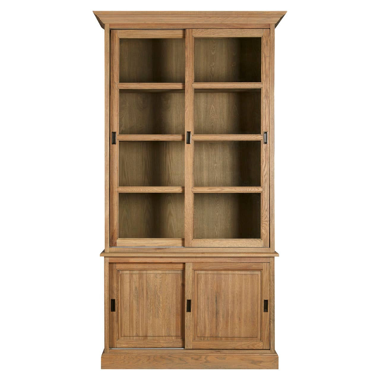 Front view of the Alaric Tall Oak Wood Display Cabinet with Sliding Glass Doors & Lower Cupboards, featuring a solid oak frame, spacious display shelving, smooth sliding glazed doors and enclosed lower cupboard storage for elegant living and dining spaces.