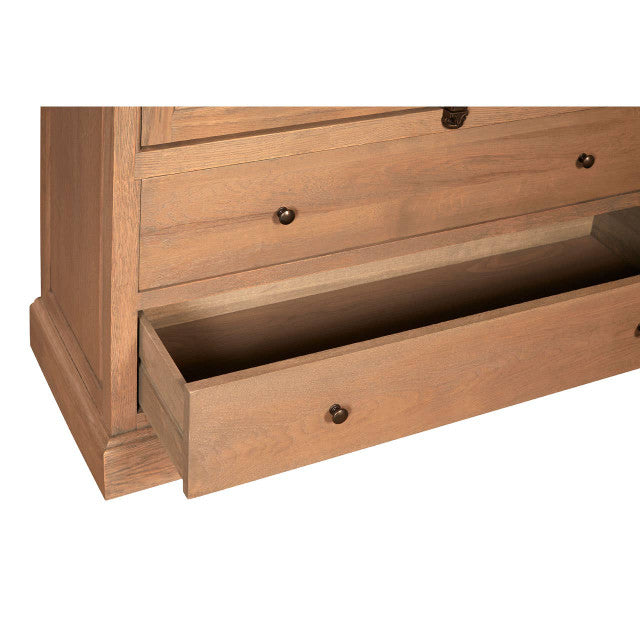 Close-up of the Alaric Tall Oak Wood Display Cabinet with Glass Doors & Storage Drawers showcasing the deep solid oak storage drawer with smooth pull-out functionality and classic round metal drawer knobs.