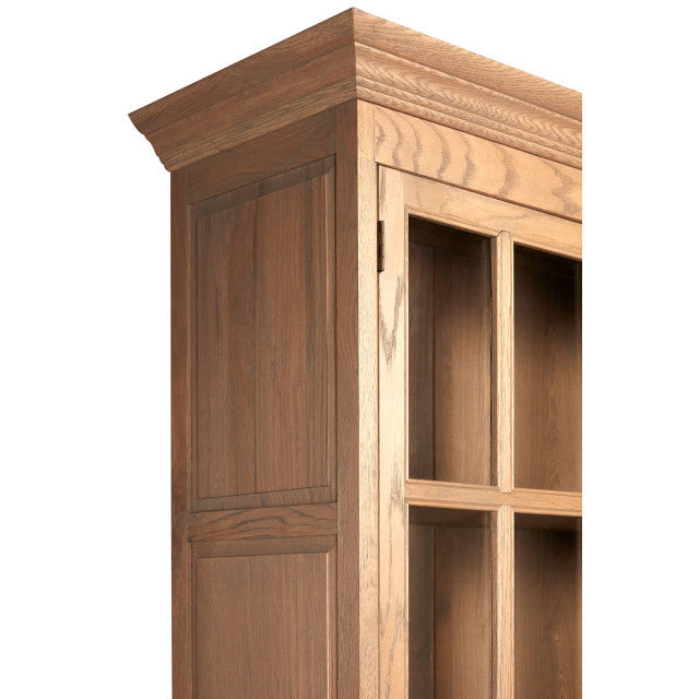 Close-up of the Alaric Tall Oak Wood Display Cabinet with Glass Doors & Storage Drawers highlighting the moulded solid oak cornice, natural wood grain and premium handcrafted finish.