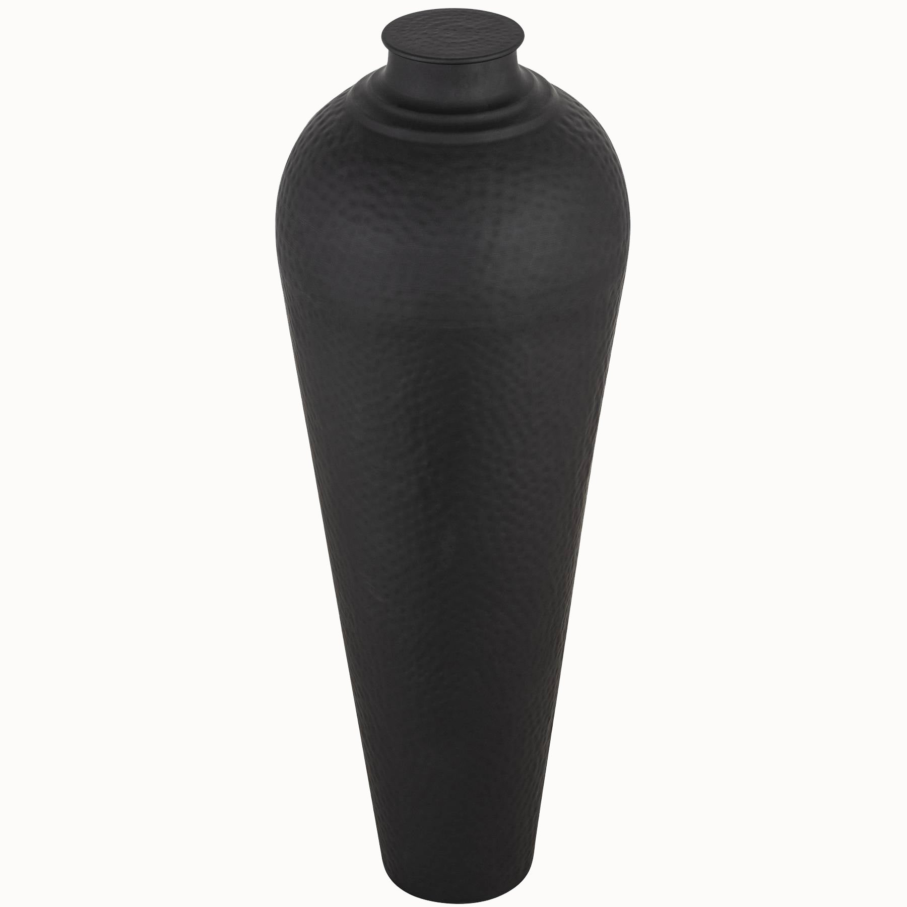 Angled view of the Alix tall hammered black metal floor vase with fitted lid, showcasing the handcrafted hammered texture, elegant tapered profile and contemporary black metal finish, perfect for luxury home décor and decorative floor displays.