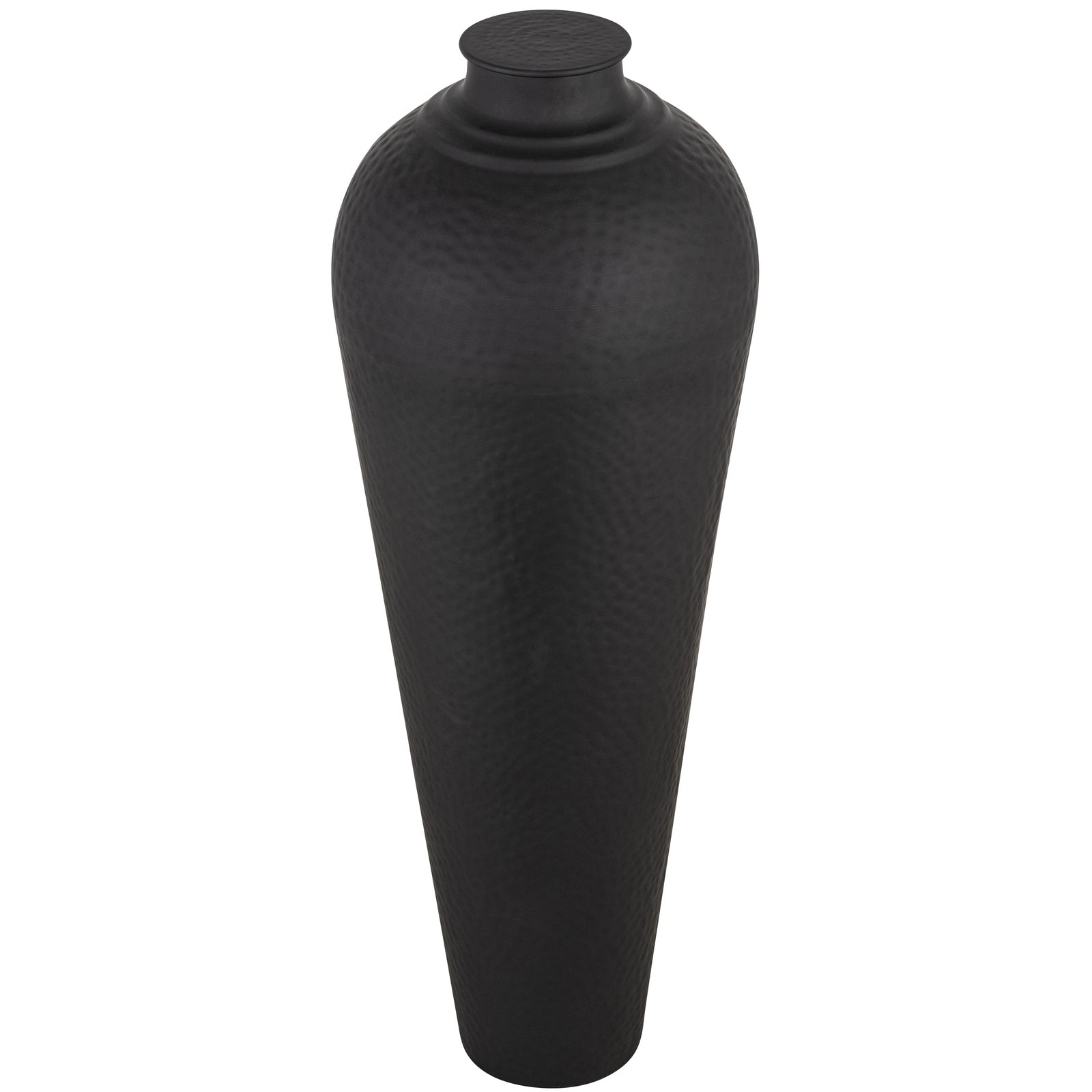 Alix tall black metal floor vase with hammered texture and fitted lid shown against a plain white background.