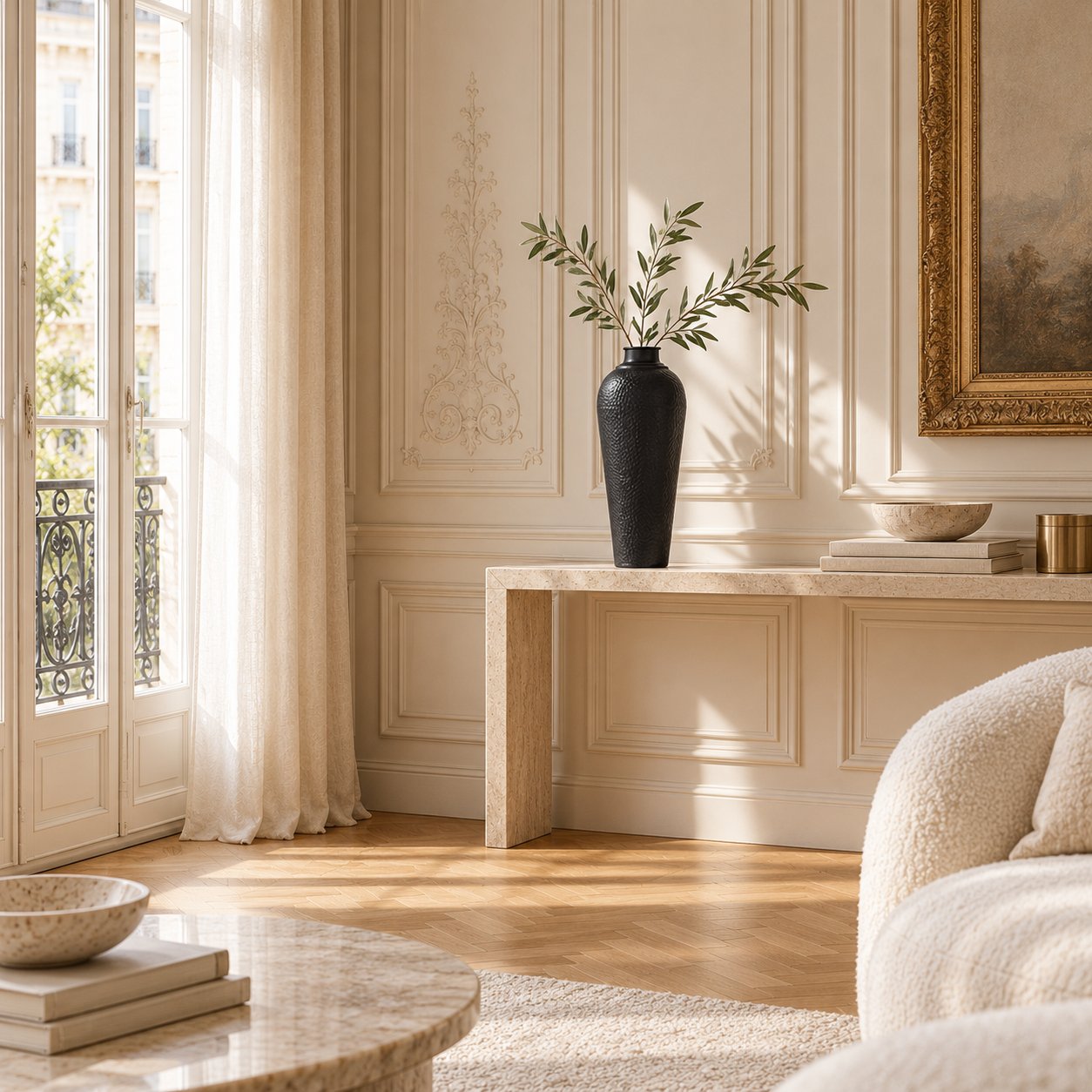 Tall black hammered metal vase with branches on a stone console in a sunlit cream panelled living room.