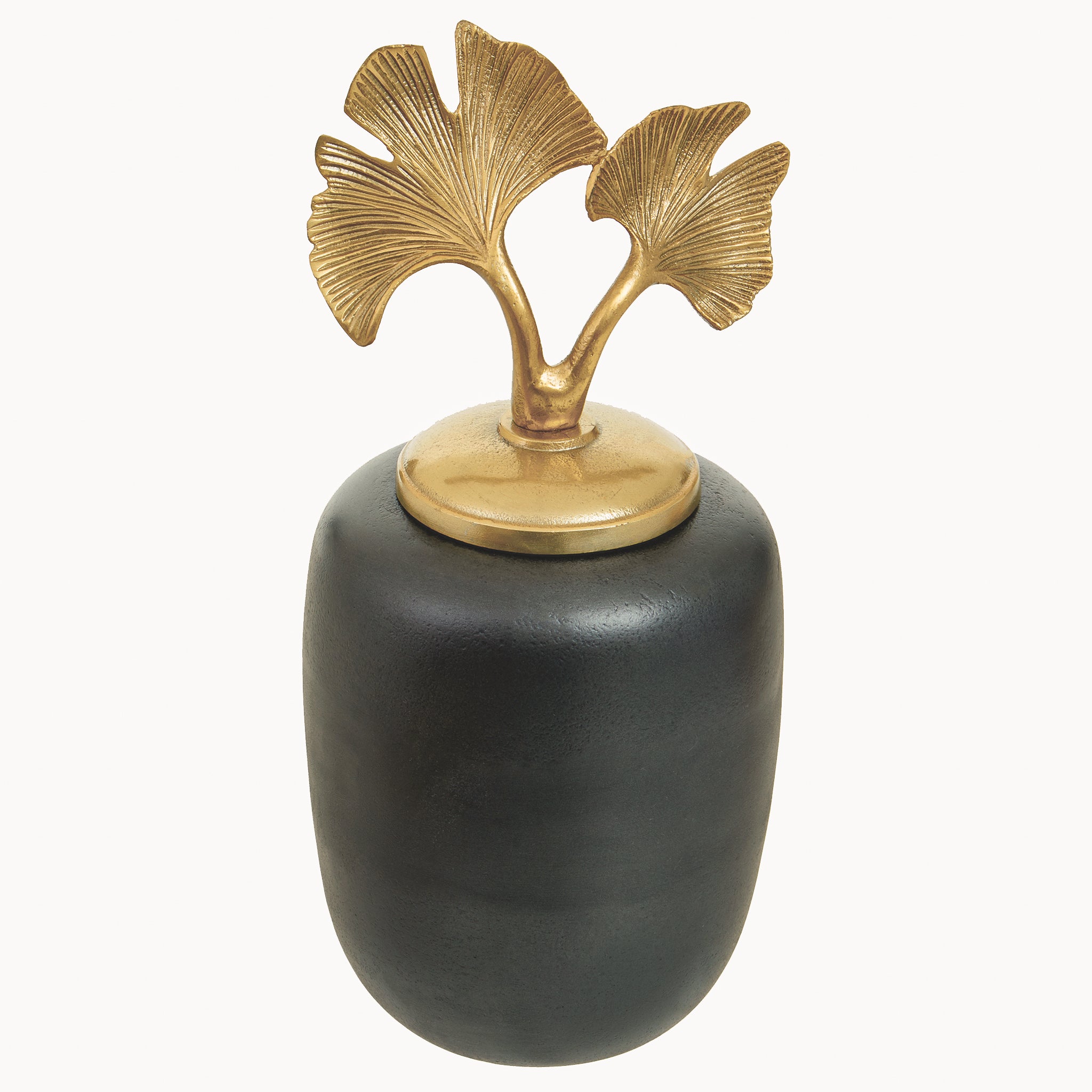Full view of the Alix Round Grey Aluminium Ginkgo Leaf Decorative Ginger Jar, featuring a softly rounded dark grey body topped with an ornate gold sculptural ginkgo leaf lid.