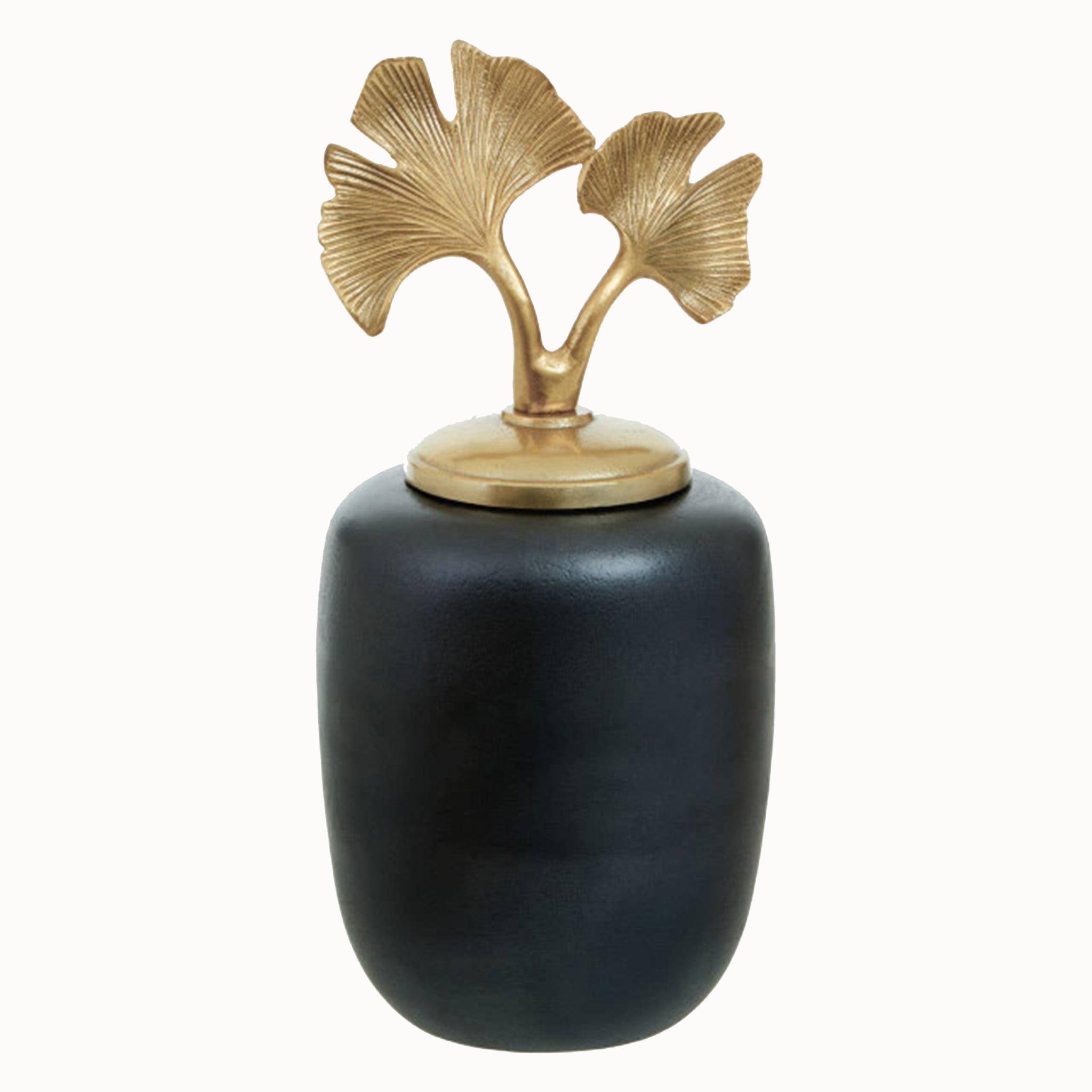 Front view of the Alix Round Grey Aluminium Ginkgo Leaf Decorative Ginger Jar, with a smooth dark grey rounded aluminium body and removable gold botanical ginkgo leaf lid.