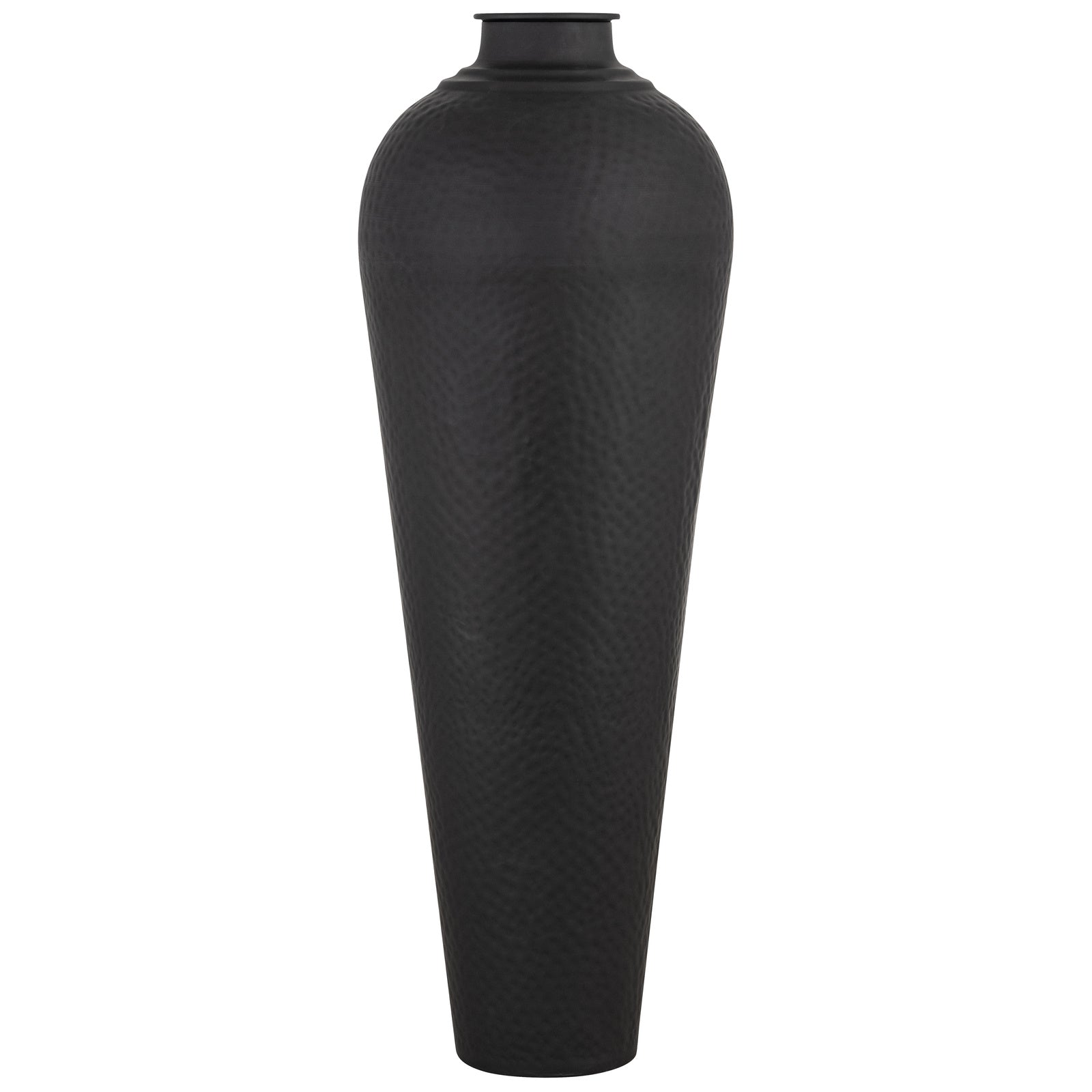 Tall hammered black metal decorative vase with tapered body and narrow neck on a white background.
