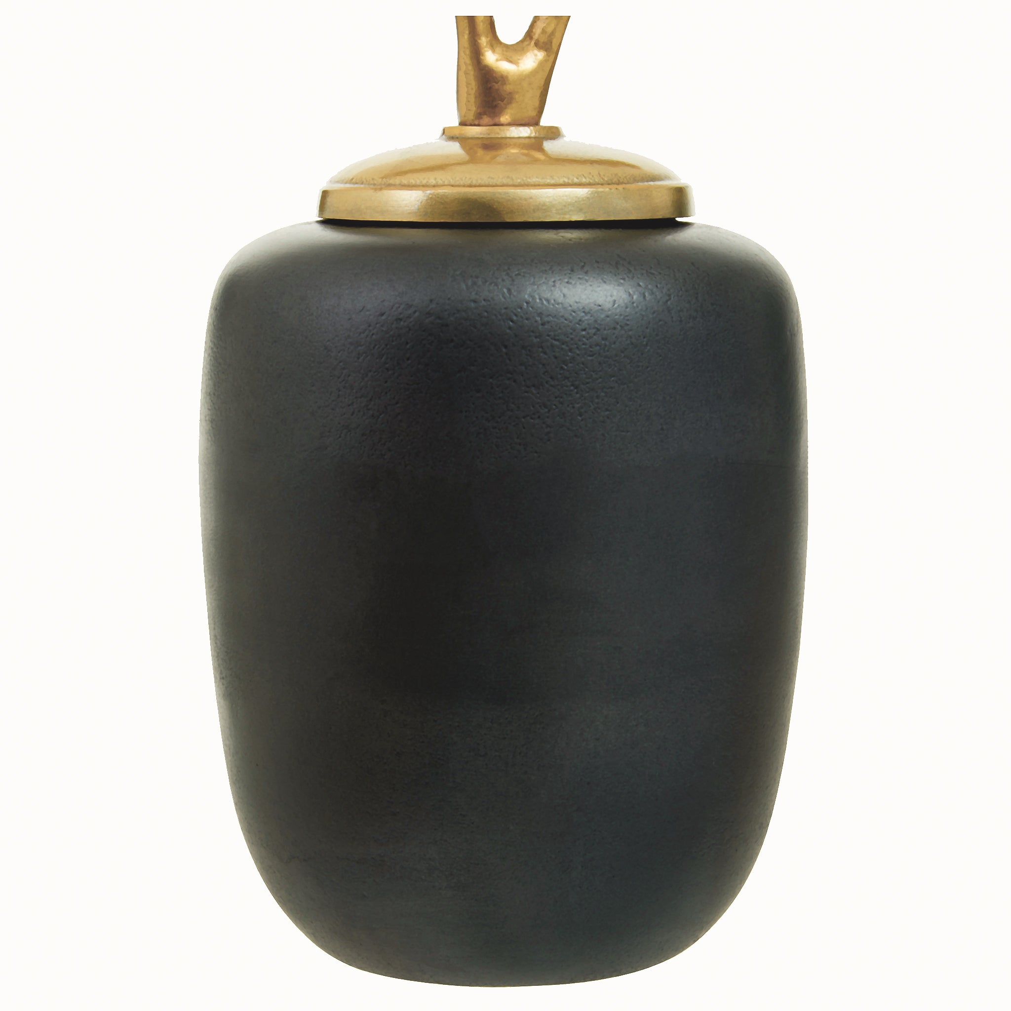 Close-up of the Alix Round Grey Aluminium Ginkgo Leaf Decorative Ginger Jar highlighting its softly curved dark grey body, textured metal finish and contrasting gold lid.