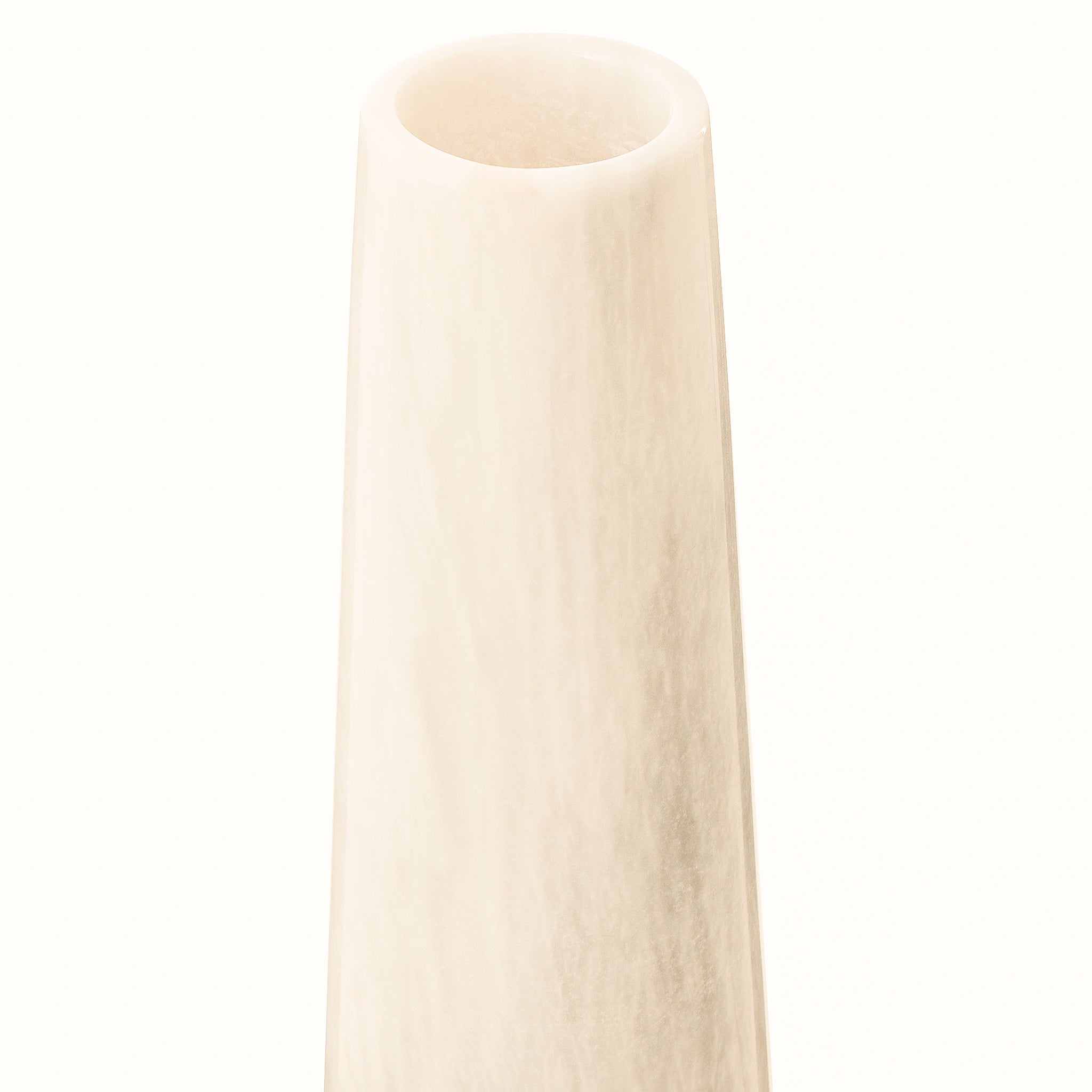 Close-up of the Alix tapered white stone marble vase highlighting the smooth circular opening, natural stone veining, polished finish and elegant handcrafted tapered profile.