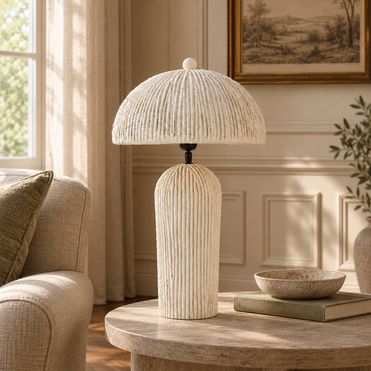 Amélie 53cm oatmeal papier mâché table lamp with domed shade in a warm neutral living room.