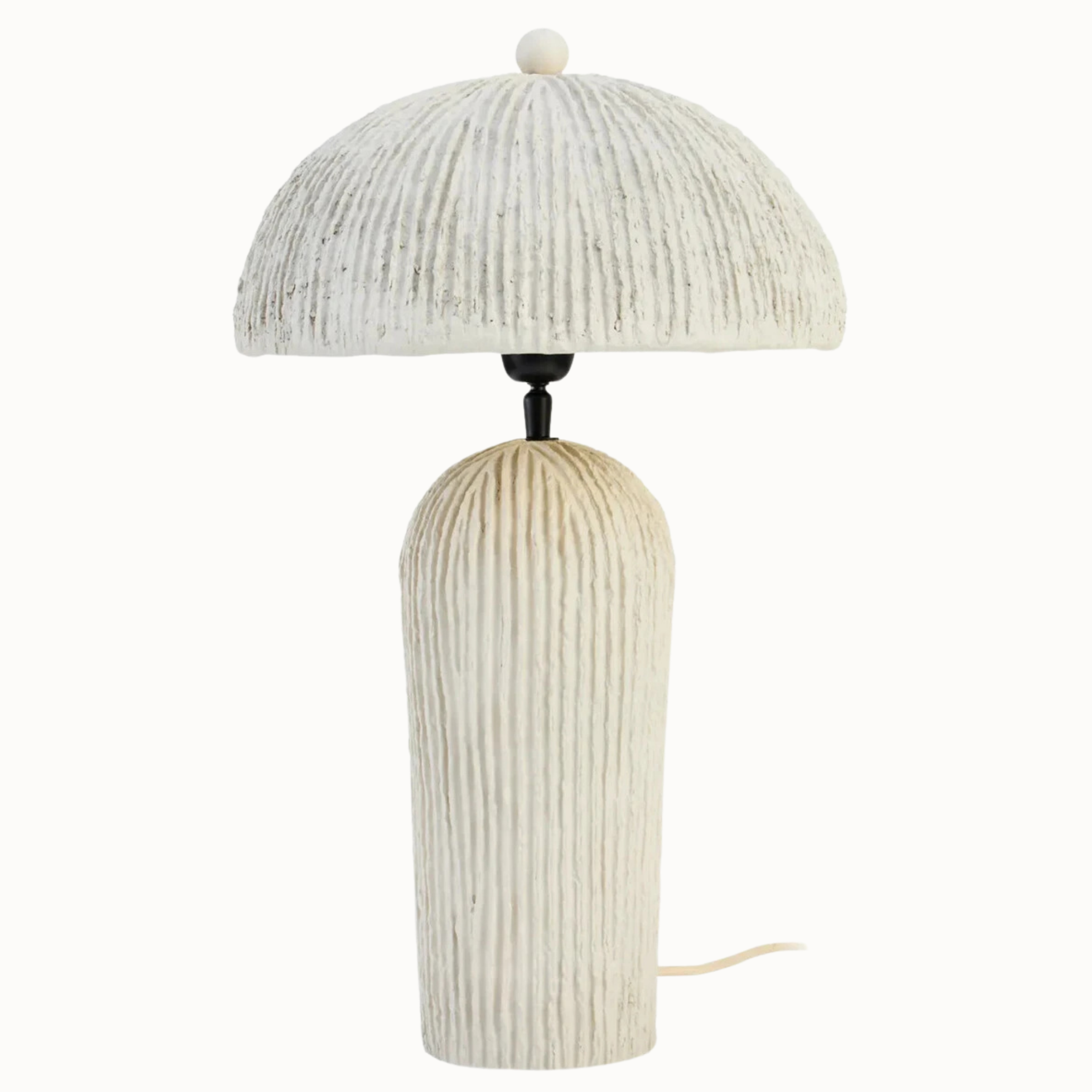 Amélie 53cm ribbed oatmeal papier mâché table lamp on a plain white background.