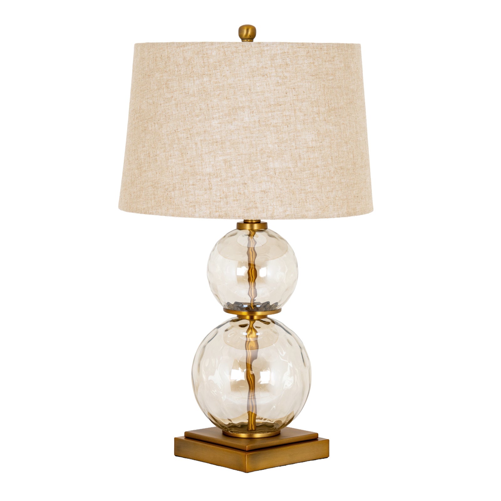 Amélie 70cm clear glass and gold table lamp with linen shade shown against a clean white background.
