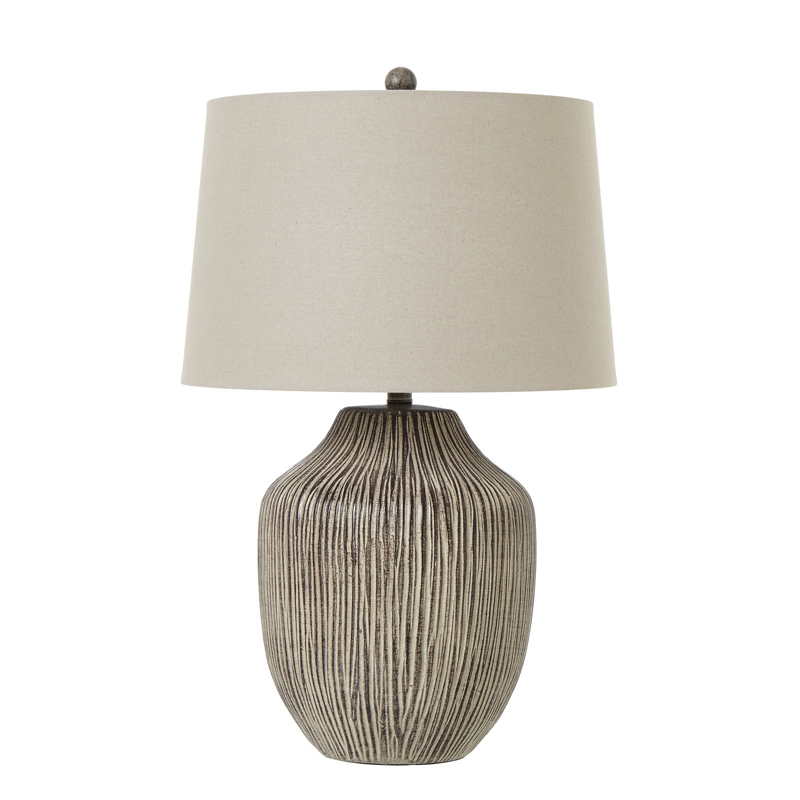 Amélie 71cm ochre carved resin table lamp with natural linen shade shown on a clean white background.