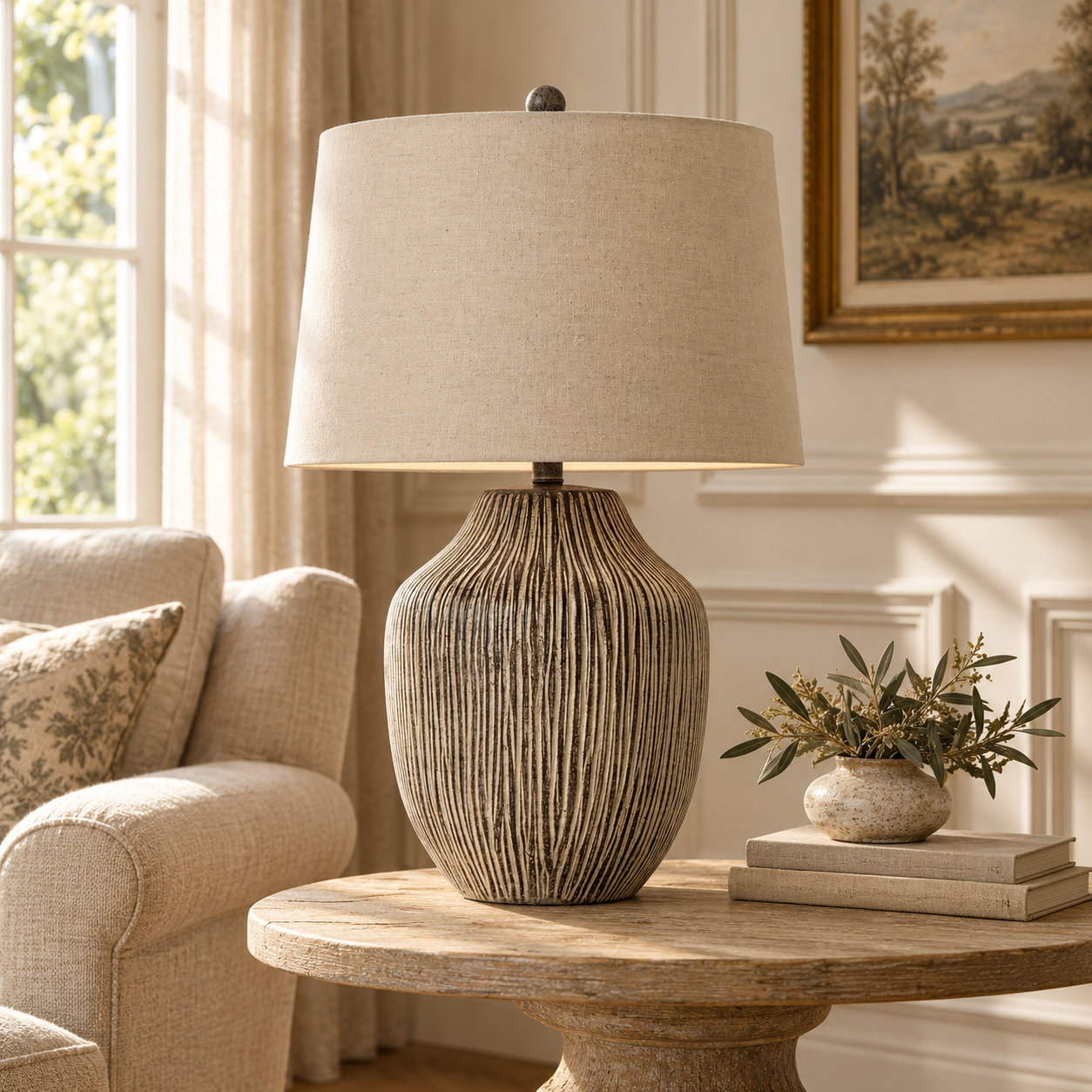 Amélie 71cm ochre textured resin table lamp with linen shade on a wood table in a sunlit neutral living room.