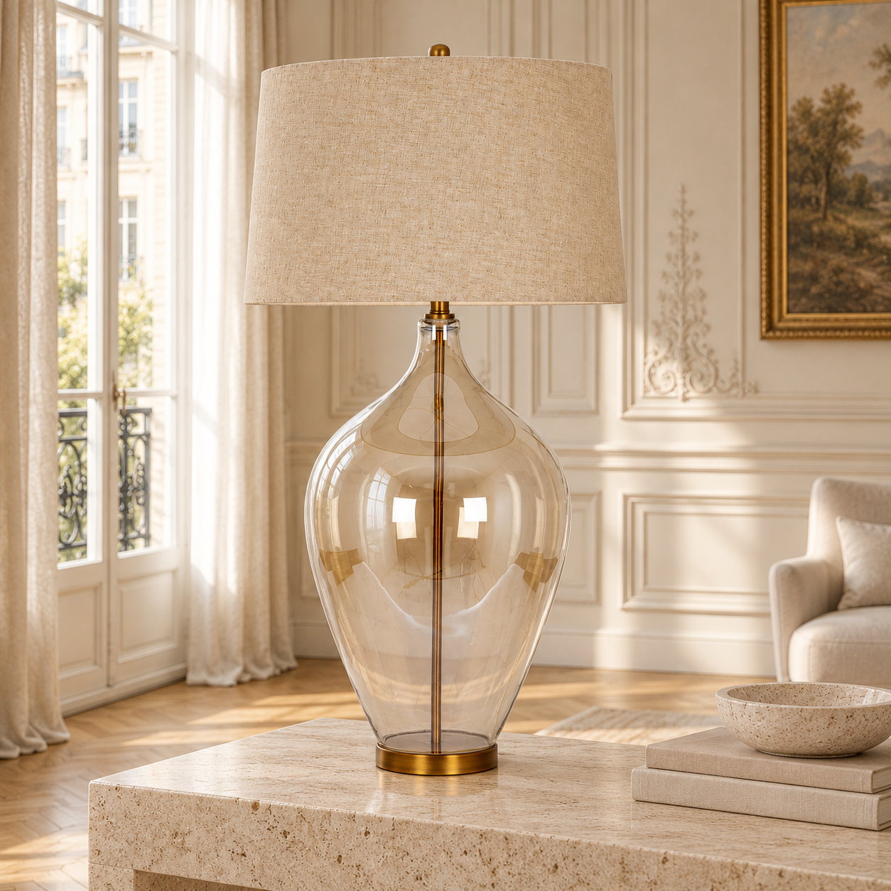 Amélie 92cm opaline glass table lamp with linen shade on a stone console in a sunlit Parisian living room.
