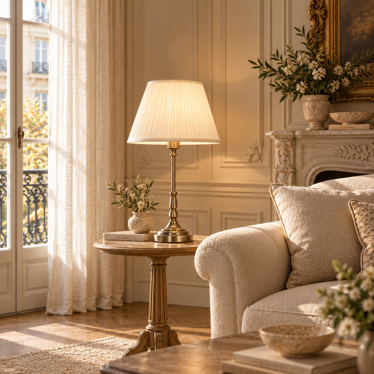 Amélie satin brass candlestick table lamp with cream pleated shade beside a sofa in a sunlit Parisian living room.
