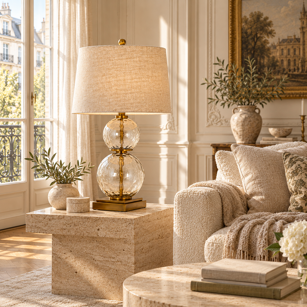 Clear glass and gold table lamp with linen shade on a stone side table in a sunlit Parisian living room.