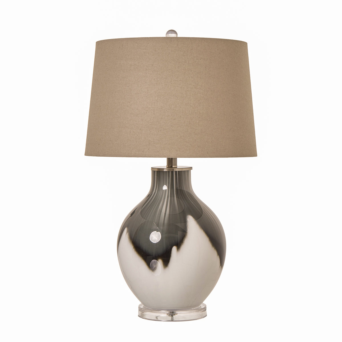 Amélie Grey Glass Table Lamp with natural linen shade featuring a contemporary smoked grey glass base and clear acrylic plinth, elegant table lighting for living rooms, bedrooms and hallway console tables.