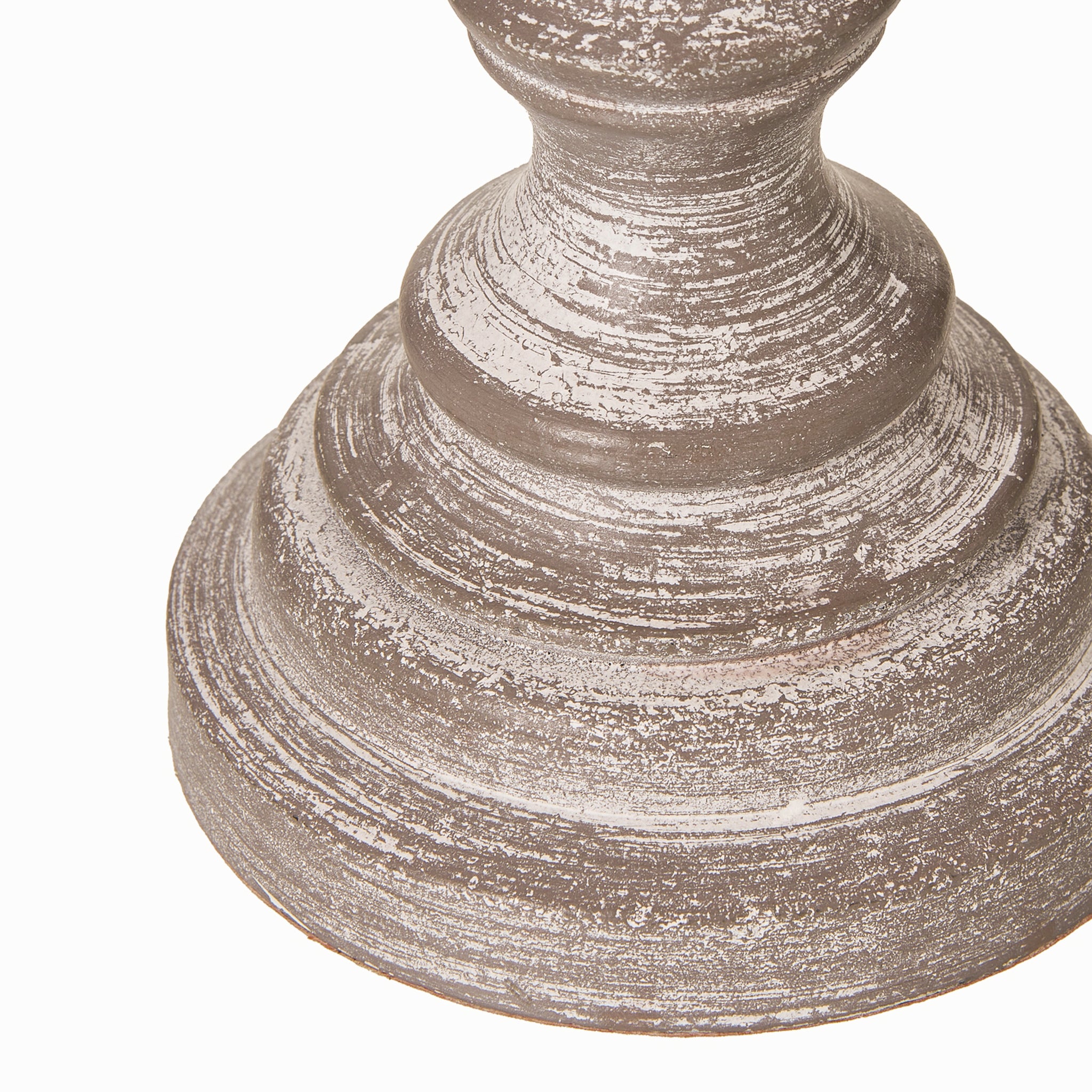 Detailed view of the carved pedestal base on the Amélie Grey Wooden Urn Table Lamp with Linen Shade, highlighting the rustic grey wood finish, decorative turned detailing and timeless traditional design.
