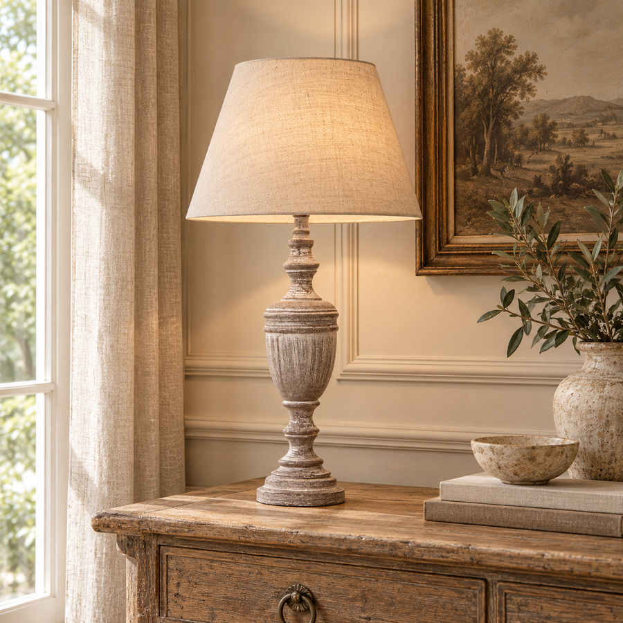 Amélie Grey Wooden Urn Table Lamp with Linen Shade