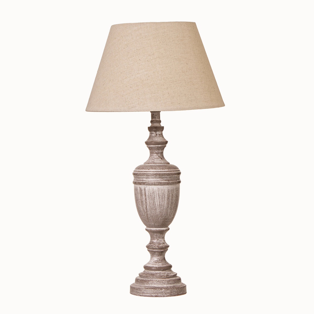 Amélie Grey Wooden Urn Table Lamp with Linen Shade featuring a distressed grey carved wooden urn base and natural linen lampshade, perfect as a traditional bedside lamp, living room table lamp or classic home lighting.
