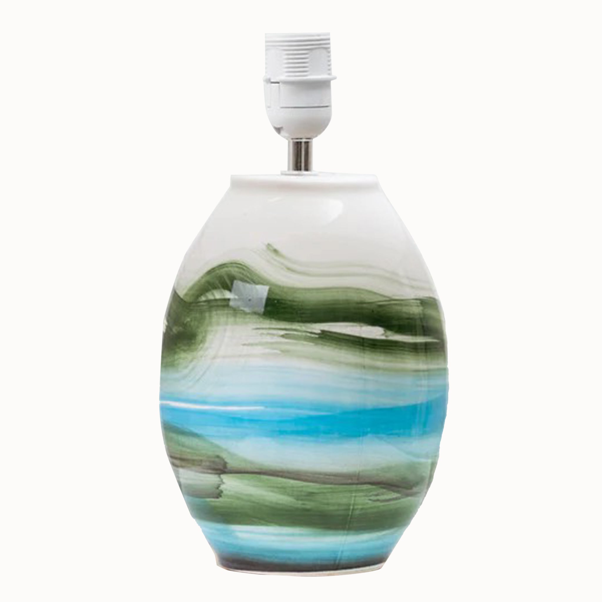 Amélie decorative ceramic lamp base with a mineral-inspired abstract finish in layered green, turquoise blue, white and earthy tones, shown against a white background.