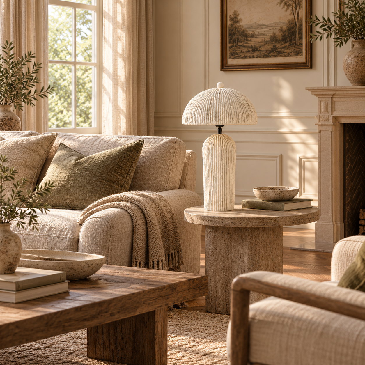 Oatmeal papier mâché domed table lamp on a stone side table in a sunlit neutral living room.
