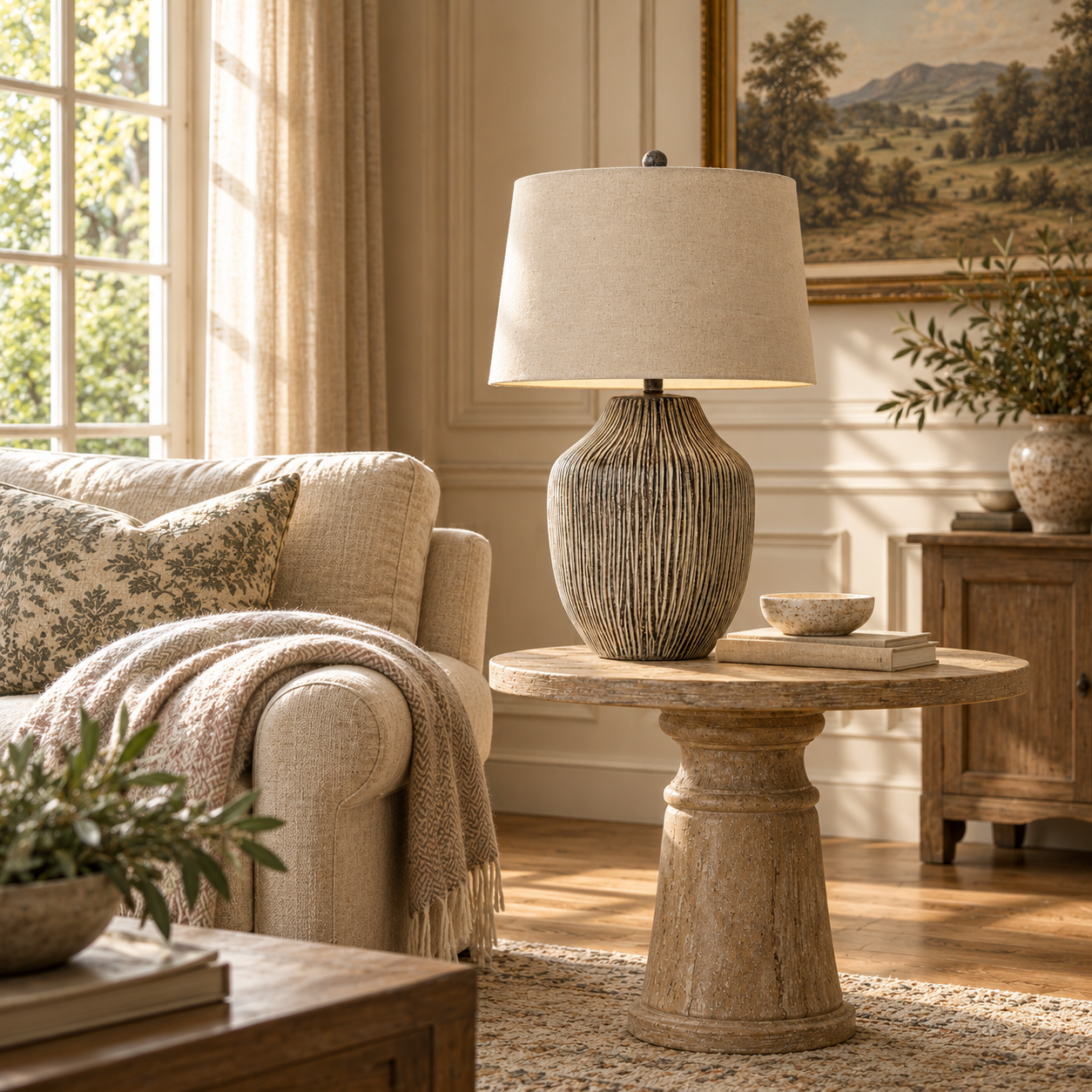 Ochre textured resin table lamp with linen shade on a pedestal table in a warm sunlit living room.